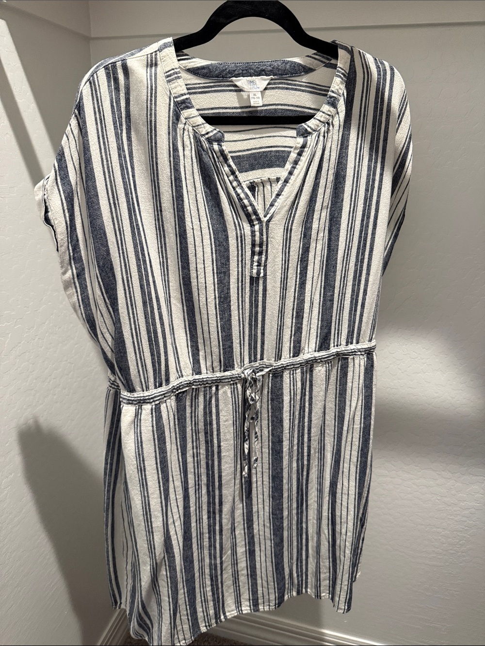 Time and Tru Navy and White Striped Drawstring Midi Dress